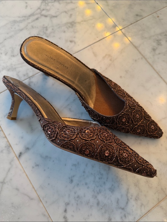 Valerie Stevens Shoes - Valerie Stevens Bronze Beaded Pointed-Toe Mule Heels
